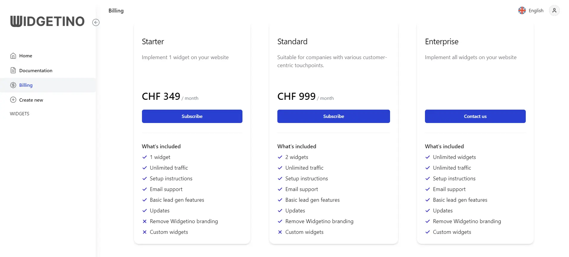 Screenshot of the billing packs