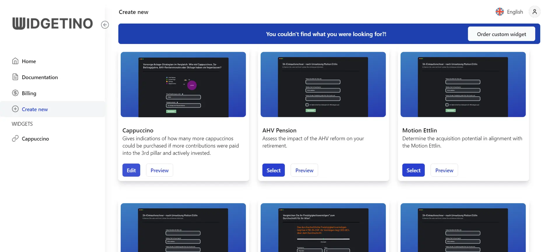 Screenshot of the widget selection